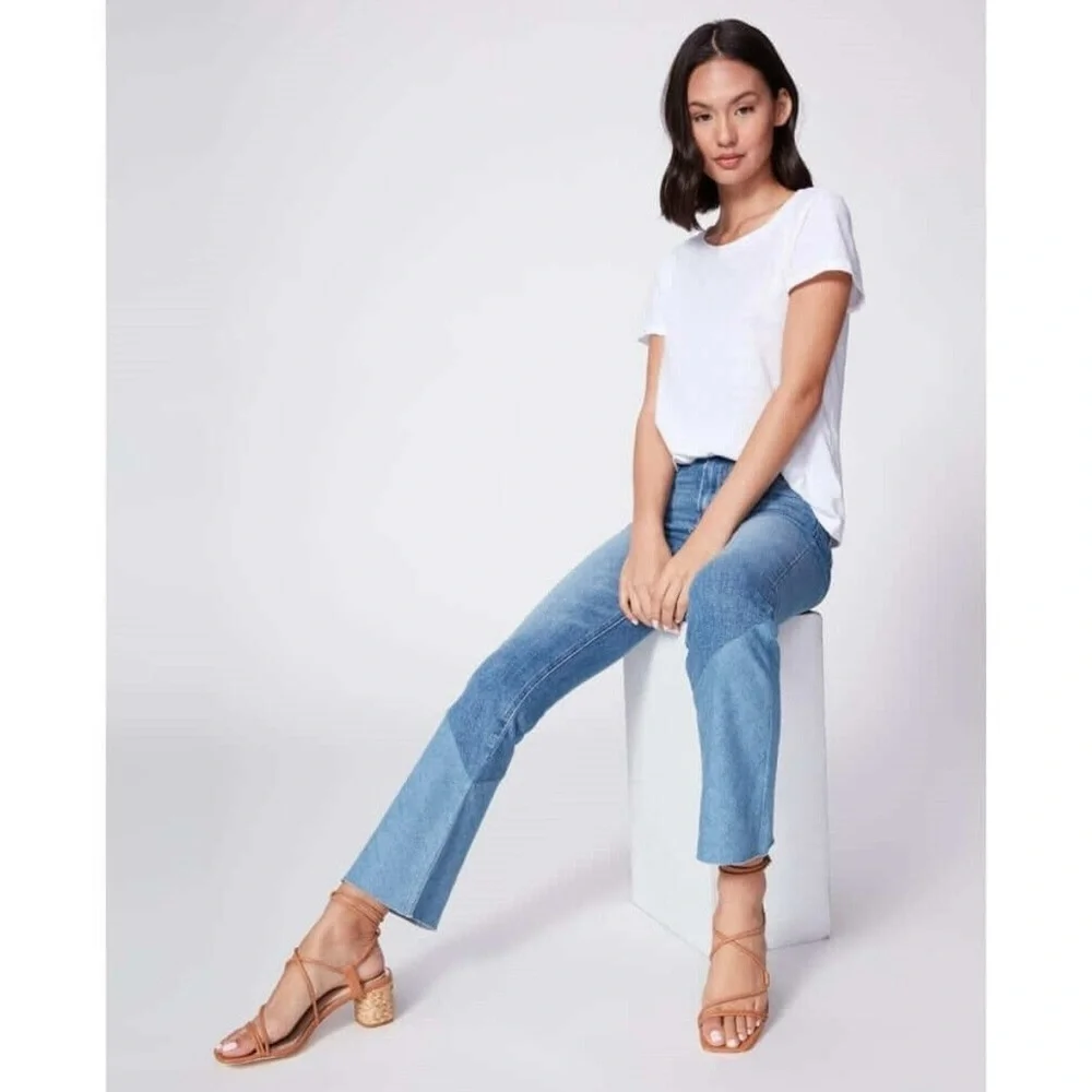 PAIGE Denim Colette Crop Flare Twisted Panel Raw Hem Jeans Size 24 - Picture 9 of 13